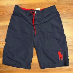 Polo Ralph Lauren Kids Navy Blue Red Big Pony Swim Trunks Shorts Size L 14-16